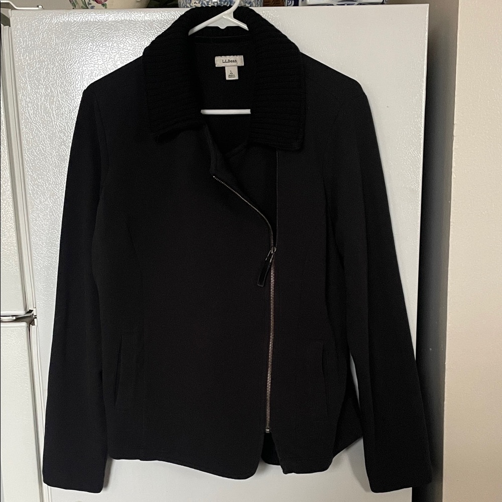 L.L. Bean Large Black Cotton Ribbed-Collar Asymmetric Zip Jacket Pockets Comfort
